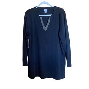 Chico's Womens Size XL Black Embellished Split Neck Tunic Top Blouse